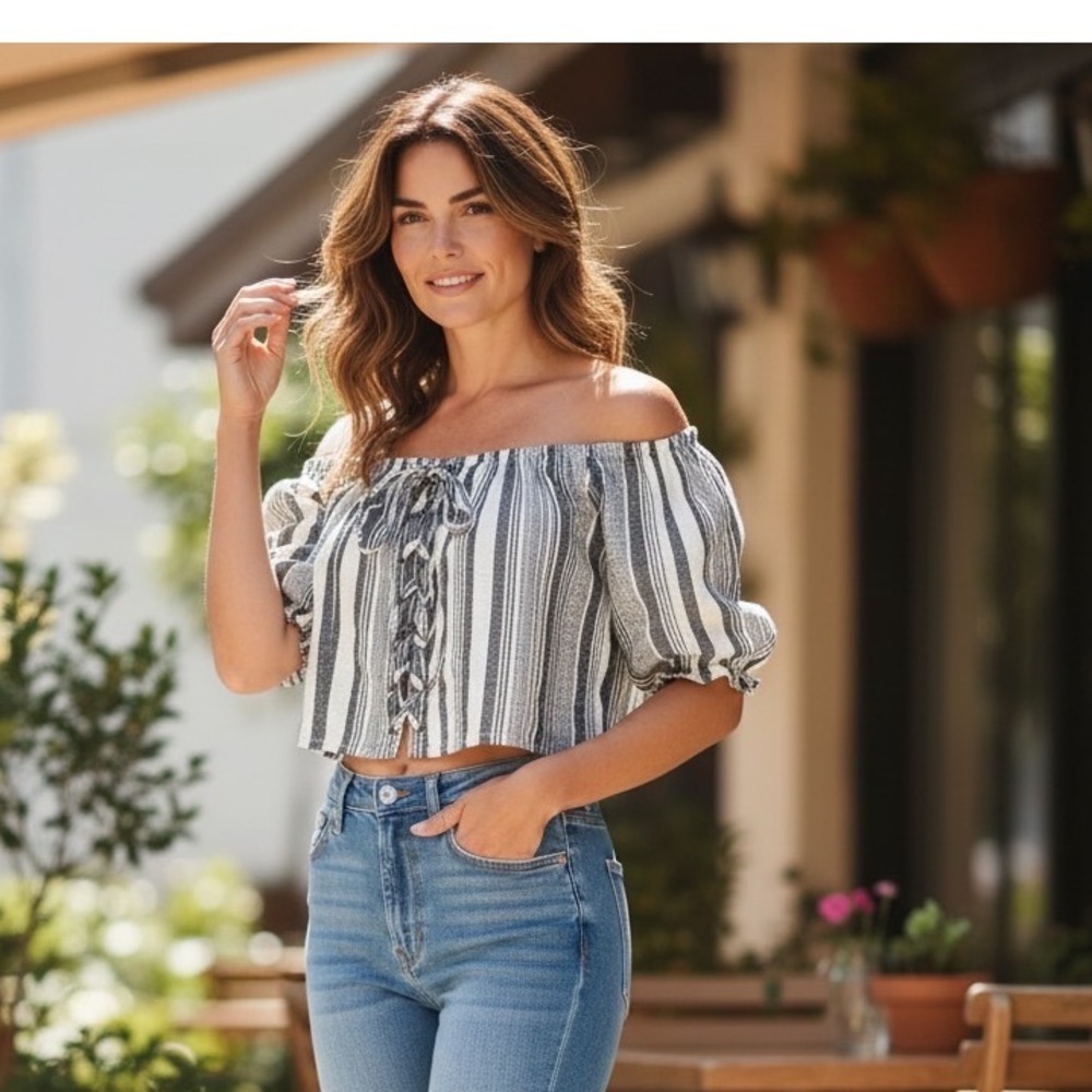 Windsor Striped Off-the-Shoulder Lace-Up Crop Top Cottagecore Peasant Nautical L